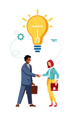 Vector illustration in flat style. Businessmen business people, African American man and woman shaking hands, searching for new idea, discussing social media, news, chat, dialogues, words. Brain storm