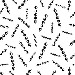 Black & white circles on string repeated in seamless vector pattern. Simple monochromatic pattern with b & w dots on skewers. Creative texture for printing on various surfaces, use in graphic design.