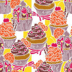 Tasty sweet cupcake dessert decorative seamless pattern for textile design, fabric print, digital or wrapping paper, wallpaper, background and backdrop, bakery shop decoration, cafe, restaurant menu.