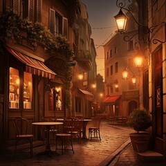 Fototapeta na wymiar Street exterior narrow street lanterns evening restaurant romantic light summer without people
