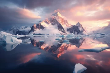 Wall murals Reflection Beautiful landscape with icebergs and mountains reflected in water at sunset. Antarctic landscape, Sunset warm light on the mountain peak. Arctic nature landscape with icebergs.