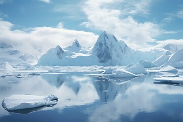 Antarctic landscape with icebergs and ice. 3d rendering. Antarctic landscape with snow covered mountains reflected in ocean water.  Arctic nature landscape with icebergs.