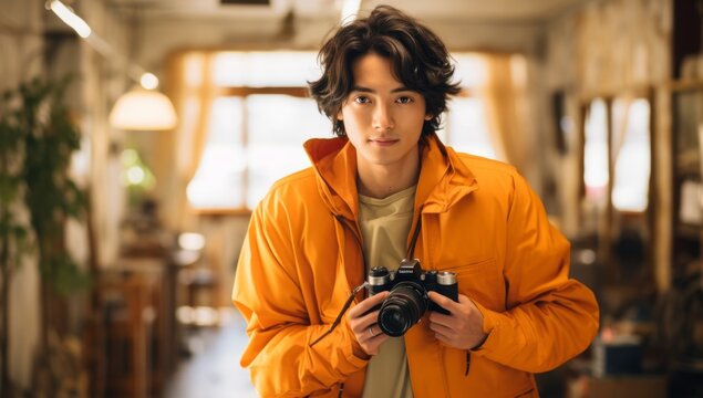 Young photographer wearing an orange jacket and taking pictures