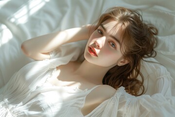Fototapeta premium Young Japanese woman wearing white clothes lying on bed