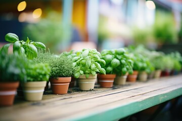 rows of potted herbs on a market table - obrazy, fototapety, plakaty