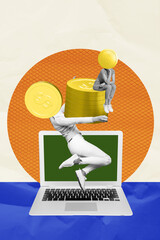 Vertical collage young jumping woman headless trader golden coin instead face laptop trader online...