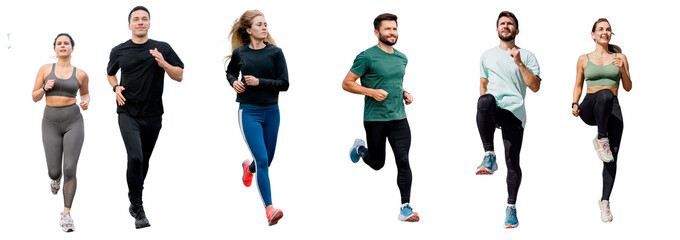People runners fitness exercises jogging in fitness clothes, sports friends warm up. Isolated...