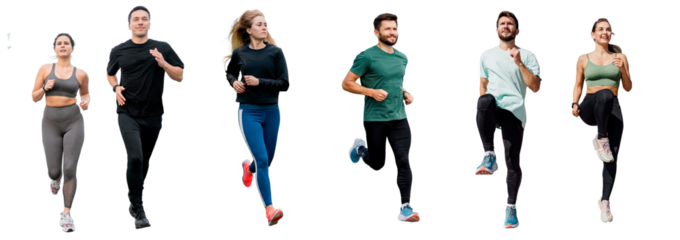 People runners fitness exercises jogging in fitness clothes, sports friends warm up. Isolated transparent background.