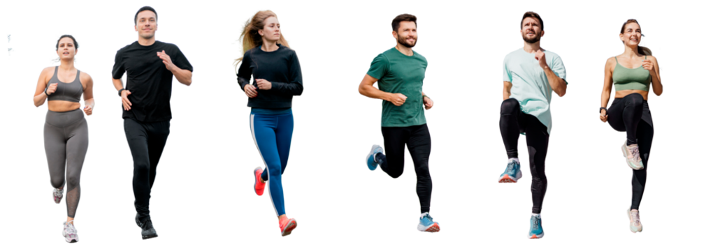 People runners fitness exercises jogging in fitness clothes, sports friends warm up. Isolated transparent background.