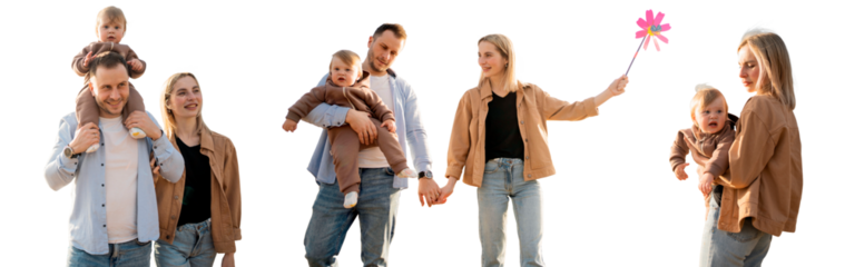 A young family, a father, a mother and a child walking together, the concept of happiness is people. Isolated transparent background.k