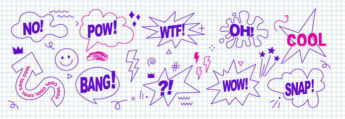 Speech bubbles, arrows, effects set hand-drawn with a pen in a check notebook. Doodle anime icons. Comic text sound effects. Banner, poster, sticker concept. Funny style text Boom, Pow, Cool, Wtf, Wow