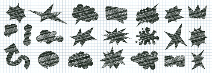 A set of trendy speech bubbles, irregular stars, arrows. Simple hand drawn funny shapes with scribble textures. Vector illustration elements in a check background