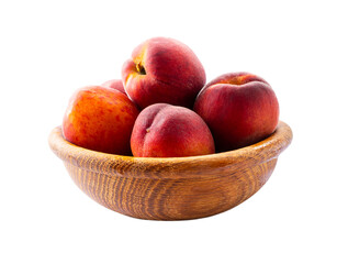 Peaches isolated on white background close-up. Peaches in a wooden bowl.