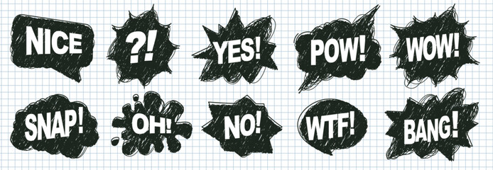 A set of speech bubbles in comic style. Hand drawn shapes with scribble textures. Phrases: Nice, Yes, Pow, Wow, Snap, Oh, No, Wtf, Bang. Vector illustration elements in a checked notebook background