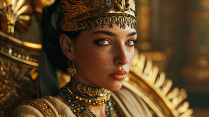Regal Pharaoh Queen in Gold, portrait of a majestic queen styled as a pharaoh, with intricate golden jewelry and headdress, exuding power and ancient beauty - obrazy, fototapety, plakaty