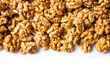 Walnuts background. Kernels walnuts. Top view. Vegetarian or healthy eating. A bunch of walnuts.