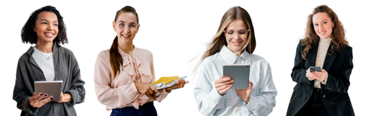 Female employees in the office, different professions use gadgets and computers, office clothes. Isolated transparent background.