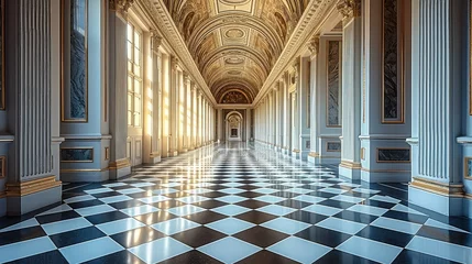 Photo sur Plexiglas Vieil immeuble Inside the long hallway of an ancient building with a black and white checkered floor. Generative AI.