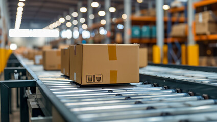 Packages on a conveyor belt in the distribution center of an online retailer. Space available for labeling