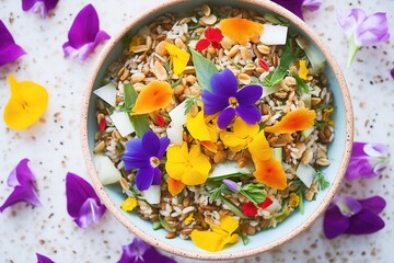 overhead shot of farro salad with edible flowers topping