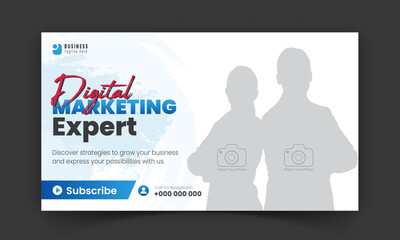 Digital marketing expert video thumbnail and social media cover design for business promotion, corporate and modern live video streaming abstract blue color shape and white background