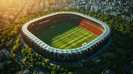 Aerial perspective view of a large soccer stadium. Generative AI.