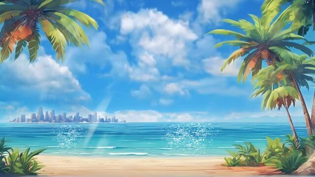 Summer beach scene with palm trees and sea. Cartoon or anime illustration style. seamless looping 4K time-lapse virtual video animation background.