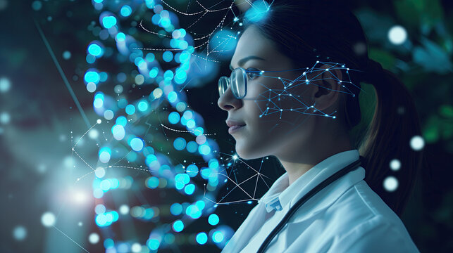 female medical scientist with virtual DNA helix ,  digital health technology, and innovation in healthcare. - Powered by Adobe