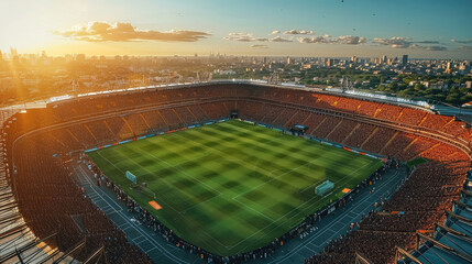 Aerial perspective view of a large soccer stadium. Generative AI.
