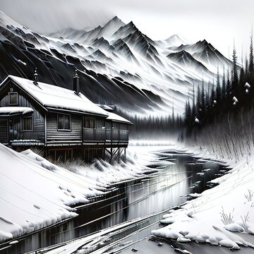 Forgotten mountain hut as a last refuge, ink illustration