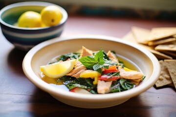 single serving of fattoush in a clay dish with lemon wedge