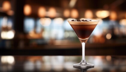 Close up realistic Espresso Martini cocktail standing on bar counter against bar background