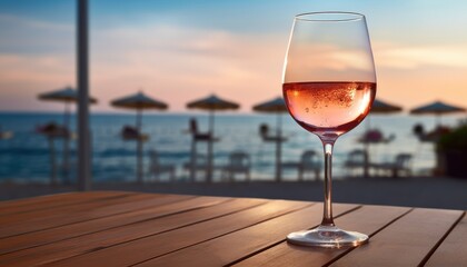 Photo realistic highly detailed glass of rose wine standing on clear wooden table against sea landscape