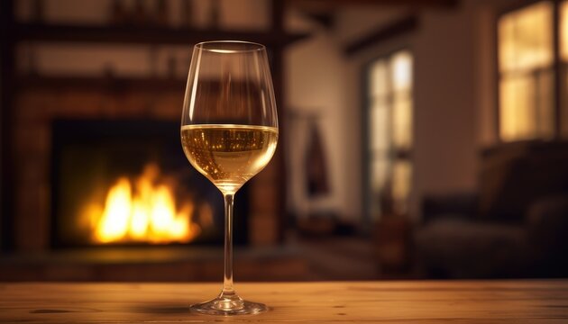 Photo realistic highly detailed glass of white wine standing on clear wooden table against cozy fireplace