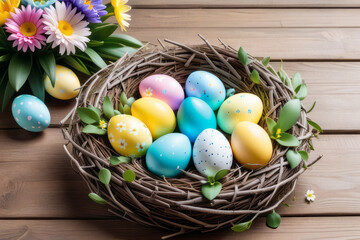 Fototapeta na wymiar Nest with colorful Easter eggs and flowers on wooden background.