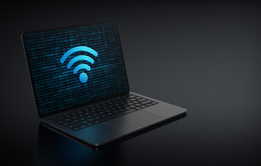 Laptop device in the left side positioned diagonally with Wi-Fi internet icon in screen on a dark background. Realistic rendering.