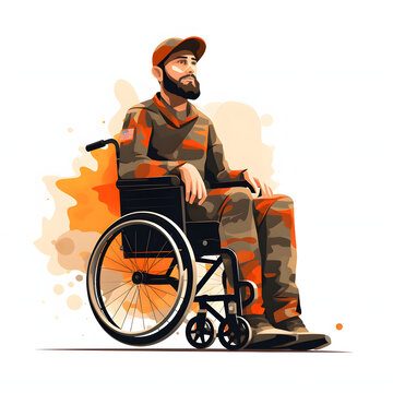 Disabled veteran man in a wheelchair isolated on white background, flat design, png
