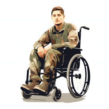 Disabled veteran man in a wheelchair isolated on white background, flat design, png
