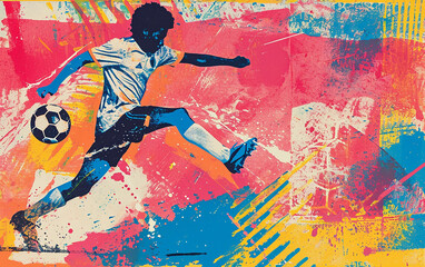 jogador de futebol chutando para o gol, Colagem, estilo pop, retratos impressos em risografia em papel