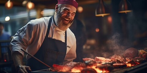 Cheerful chef grilling steaks at a bustling restaurant. professional cook in action. capturing culinary passion and skill. AI - obrazy, fototapety, plakaty
