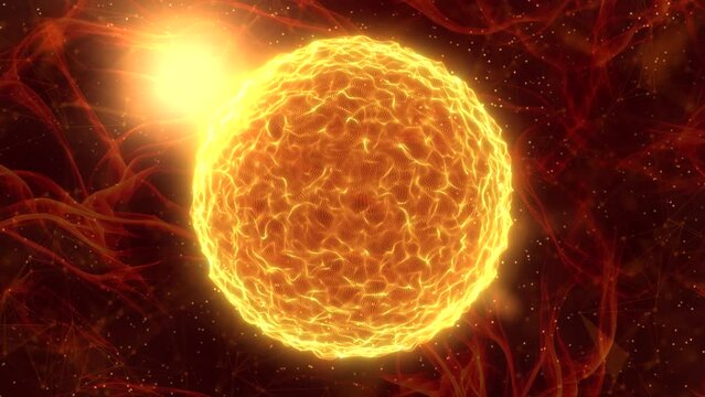 Solar Energy Explosion: Glowing Sun Sphere with Lava Waves, Fractal Lights, and Alpha Transparency in a Dynamic Cosmic Background