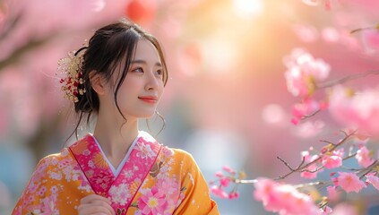 A young woman wearing a kimono and standing among spring flowers. The background has cherry blossoms with a blurred feel.