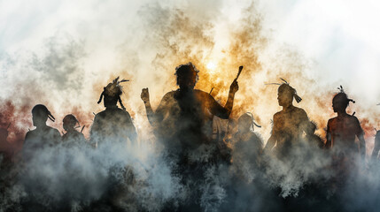 Fototapeta na wymiar Australian Aboriginal cultural smoke ceremony, double exposure