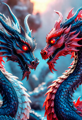Dragons Yin and Yang, warriors of opposites. Two fantastic Chinese dragons. Year of the Dragon according to the eastern horoscope - obrazy, fototapety, plakaty