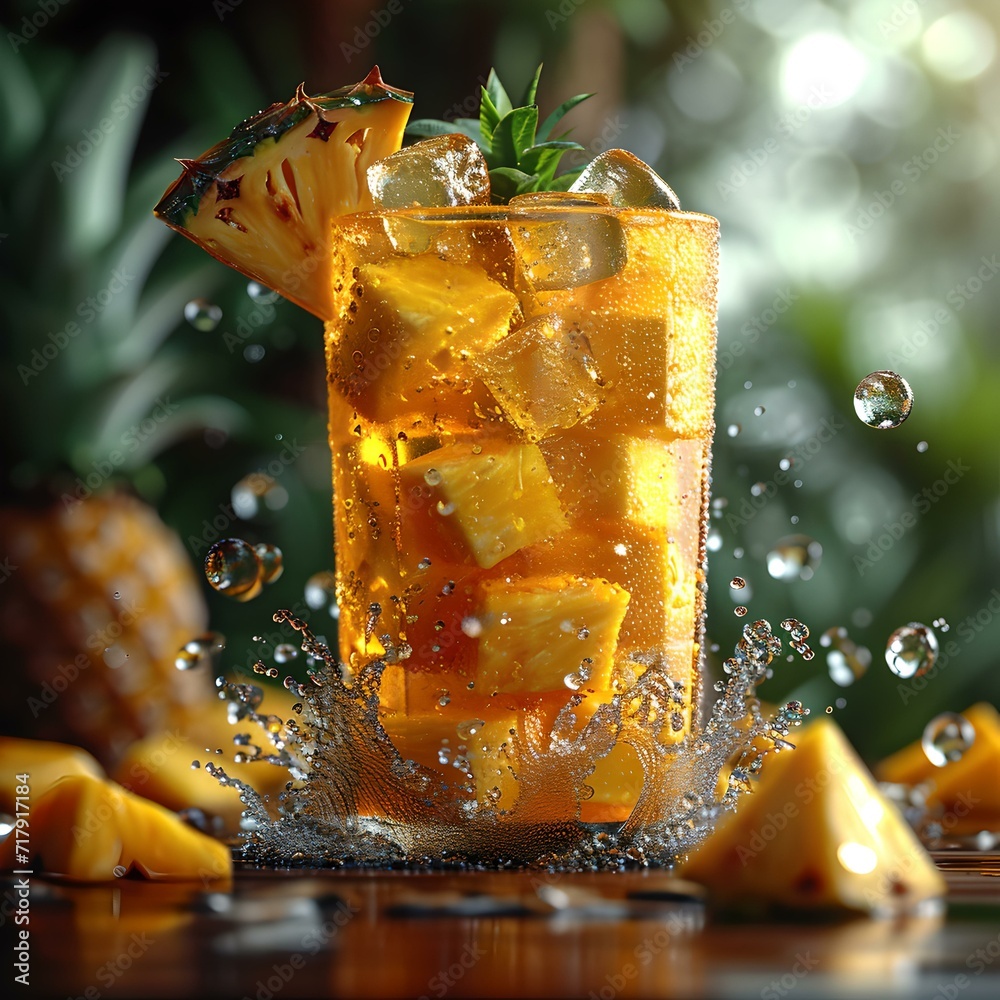 Sticker Refreshing pineapple drink with splashing water droplets. glass of cold beverage surrounded by fruit pieces. AI