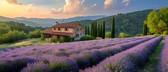 Idyllic countryside home amidst blossoming lavender fields at sunset. rural charm and natural beauty captured. AI