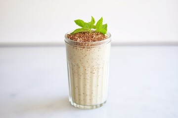 flaxseed smoothie in a tall glass topped with mint leaves