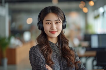 a young professional woman smiles and speaks with a headset and standing in front of a desk.