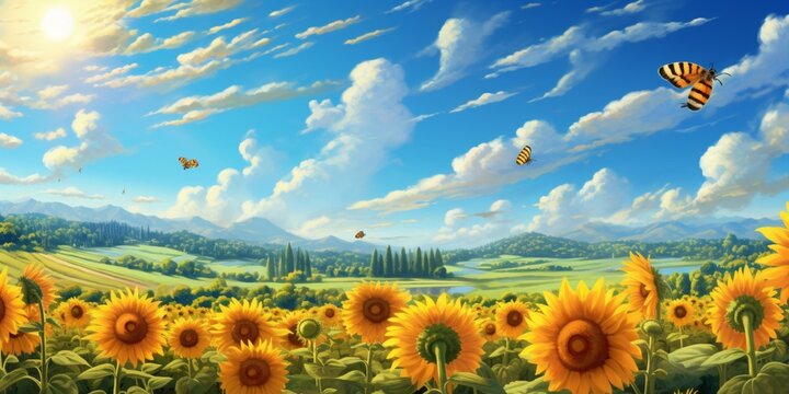 A field of sunflowers under a clear blue sky, with bees buzzing around, and a family of rabbits exploring the sunny landscape.