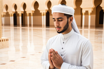 Young Arabic Muslim man praying. Celebration of the sacred Ramadan.